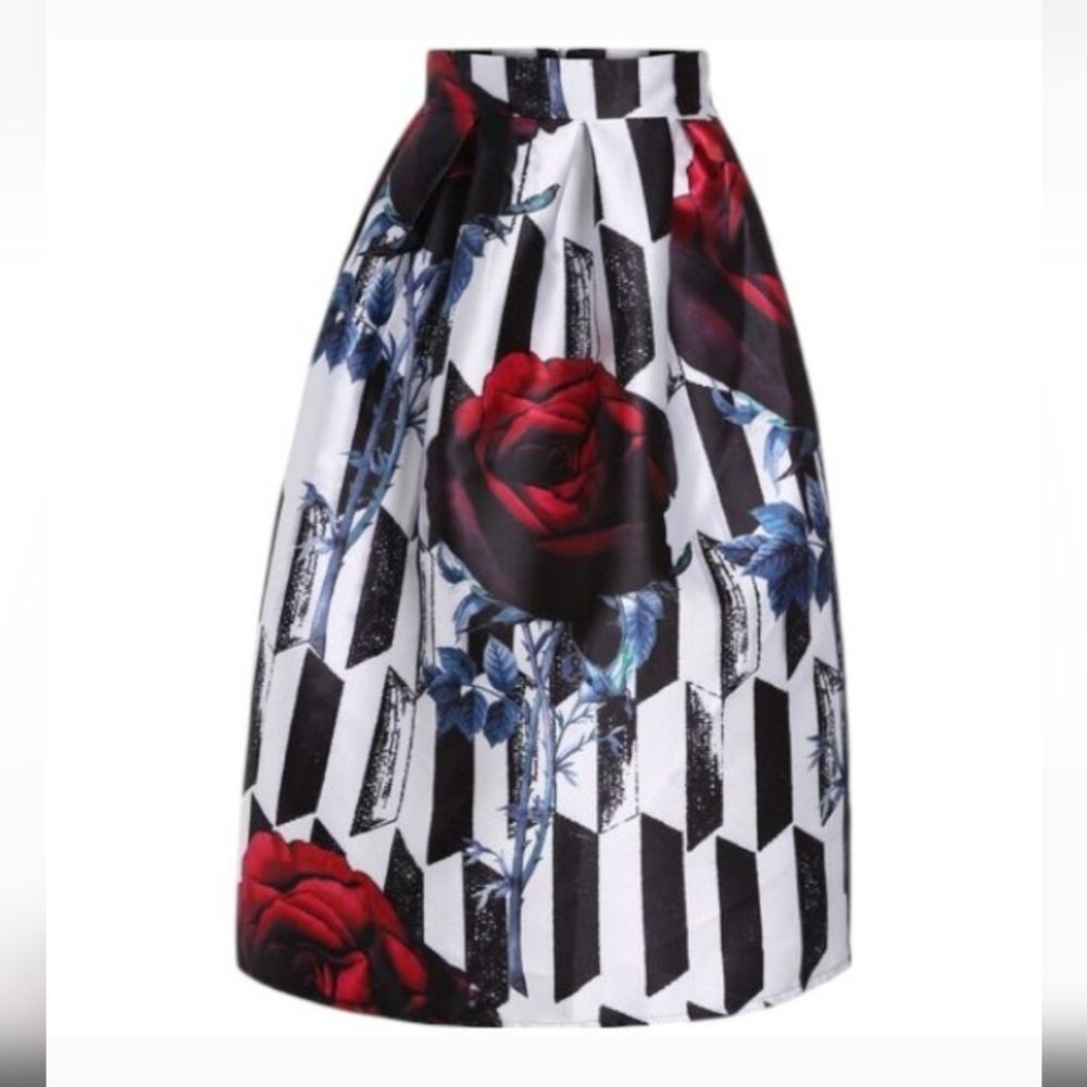 L'ATISTE Black and White A-Line Skirt with Red Floral Design